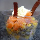 Verrine lentilles, gravlax de saumon et mousse de lard